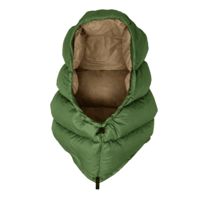 An ultralight down balaclava in Kale Green (shell) and Sand (interior)