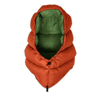 An ultralight down balaclava in Burnt Orange (shell) and Kale Green (interior)